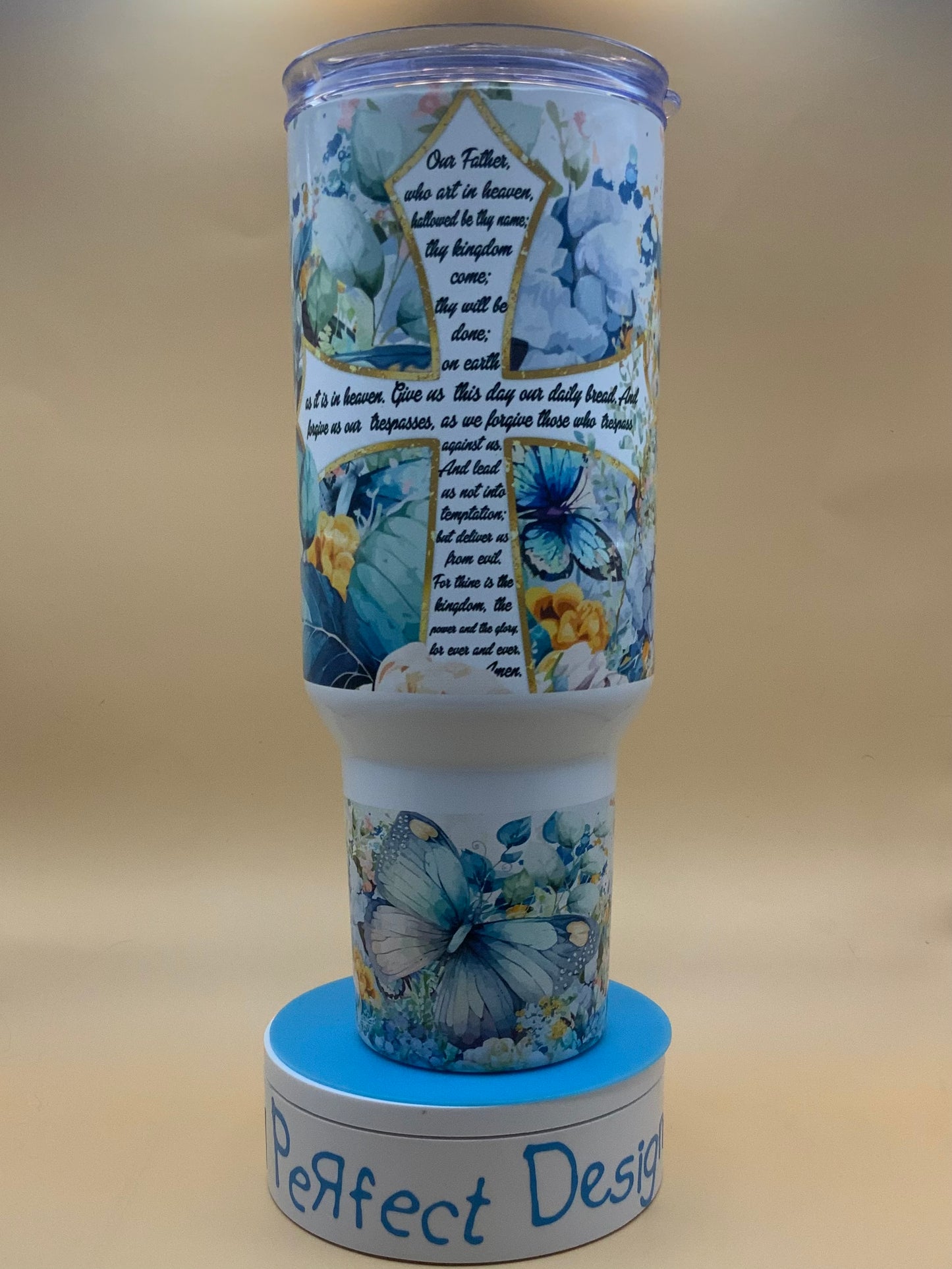 Our Father Prayer – 40 oz Christian Tumbler with Cross, Blue Floral & Butterflies | Inspirational Faith Gift