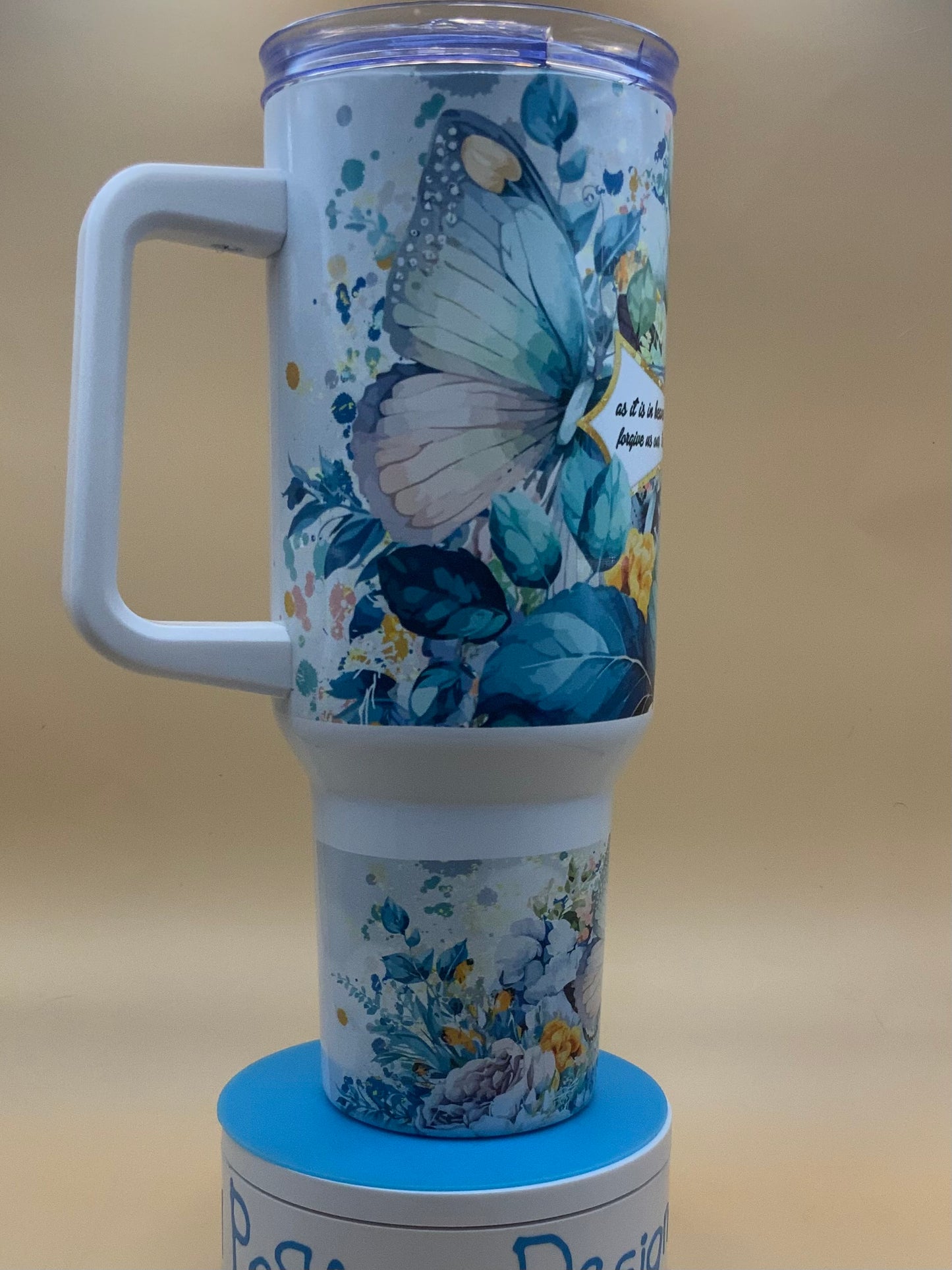 Our Father Prayer – 40 oz Christian Tumbler with Cross, Blue Floral & Butterflies | Inspirational Faith Gift