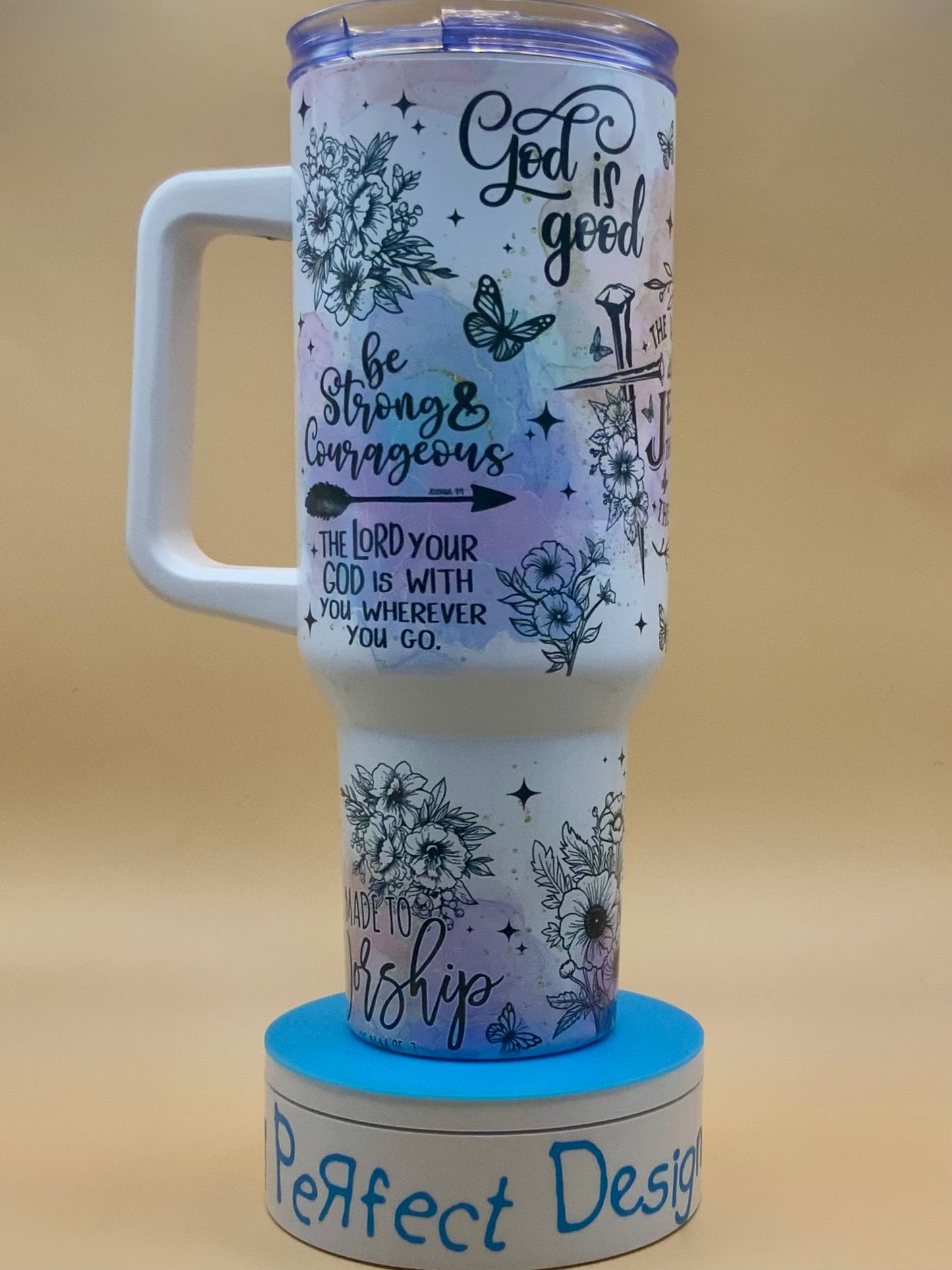 Bible Verse Collage – 40 oz Christian Tumbler with Cross, Florals & Butterflies | Inspirational Scripture Gift