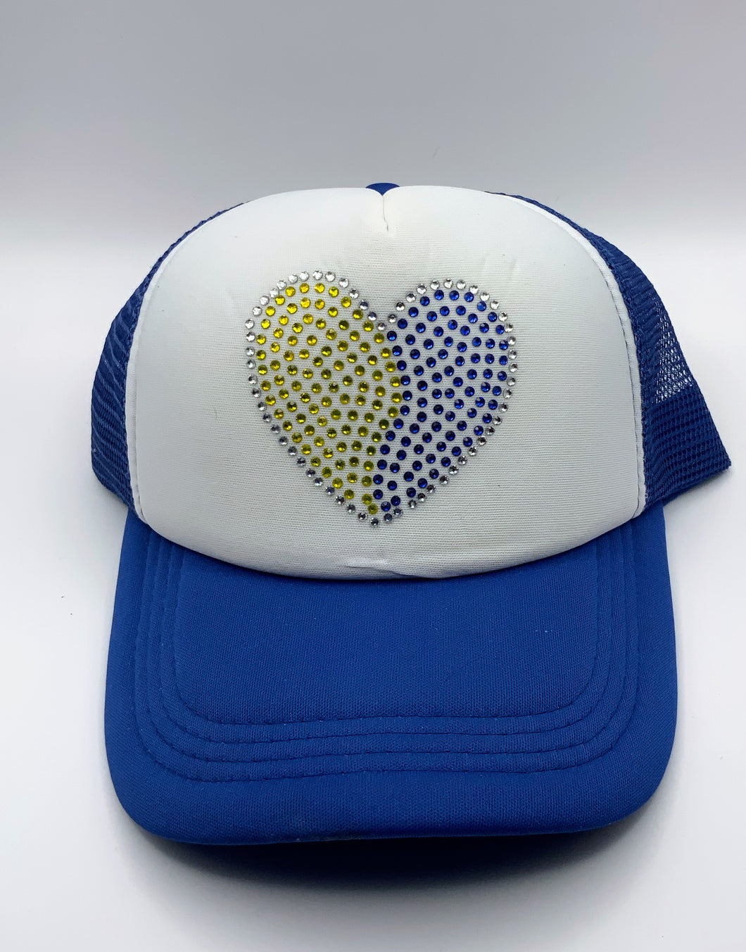Blue and Yellow Heart Trucker Hat for Down Syndrome Awareness