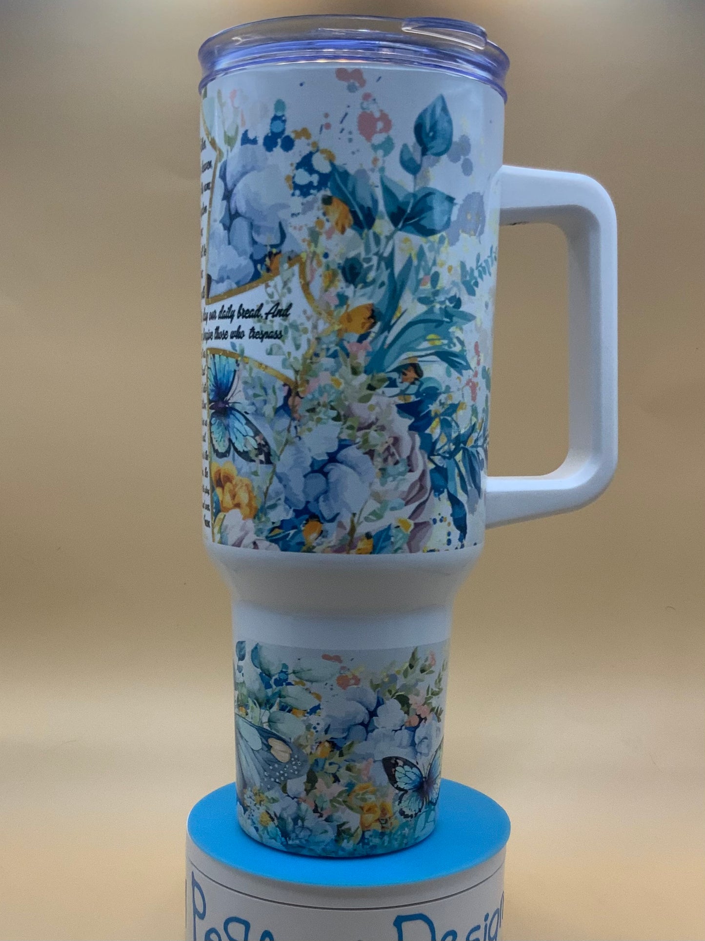 Our Father Prayer – 40 oz Christian Tumbler with Cross, Blue Floral & Butterflies | Inspirational Faith Gift