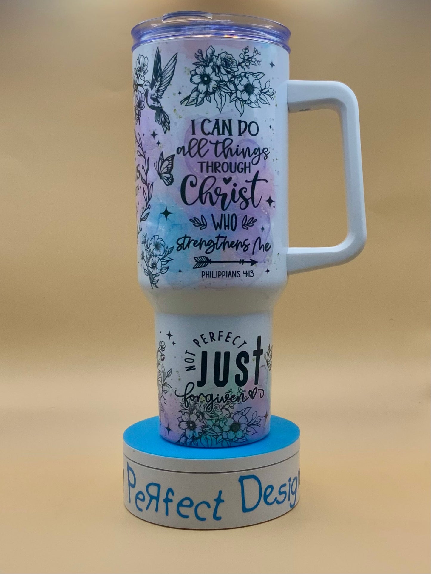 Bible Verse Collage – 40 oz Christian Tumbler with Cross, Florals & Butterflies | Inspirational Scripture Gift