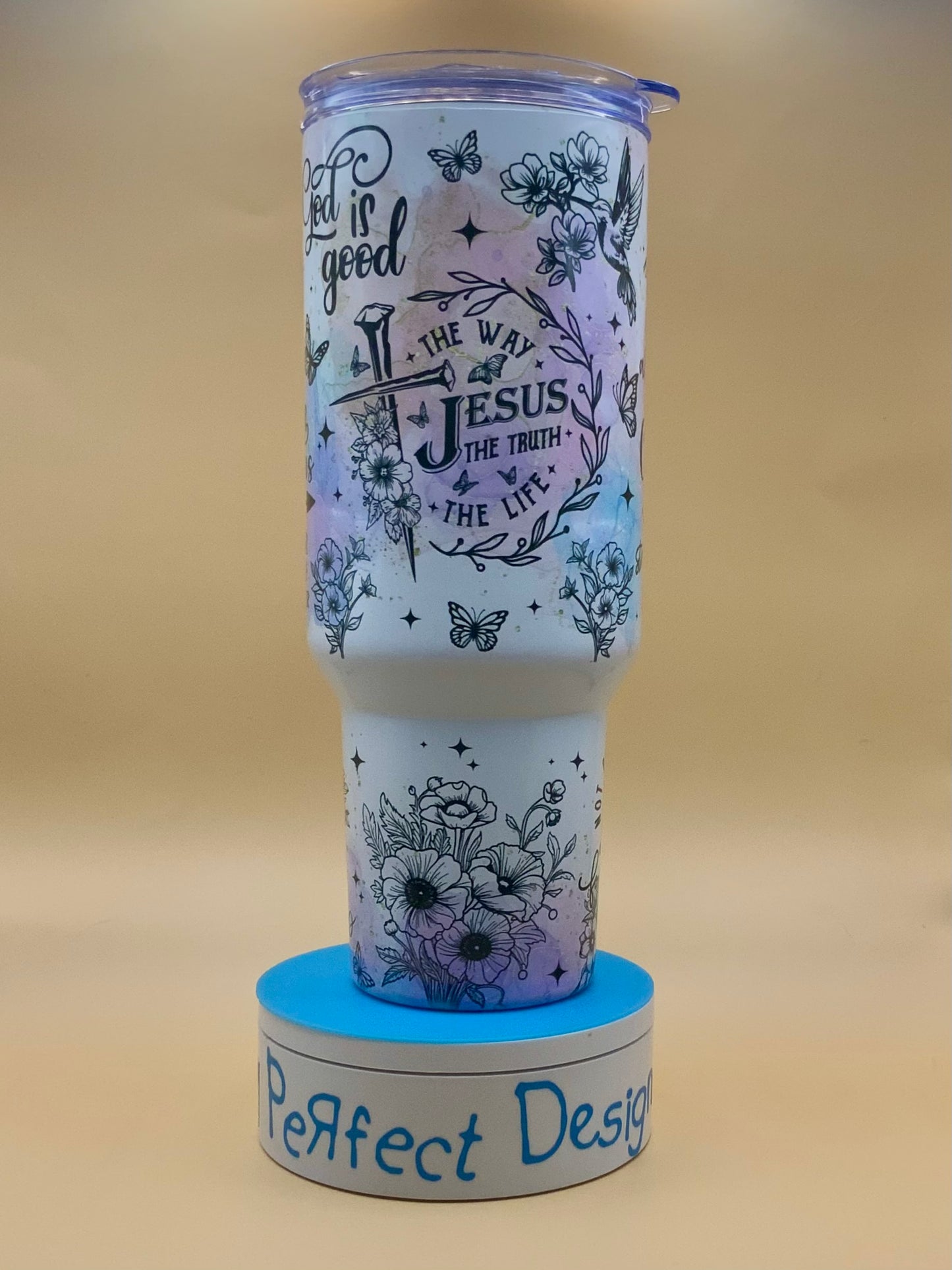 Bible Verse Collage – 40 oz Christian Tumbler with Cross, Florals & Butterflies | Inspirational Scripture Gift
