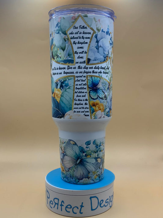 Our Father Prayer – 40 oz Christian Tumbler with Cross, Blue Floral & Butterflies | Inspirational Faith Gift