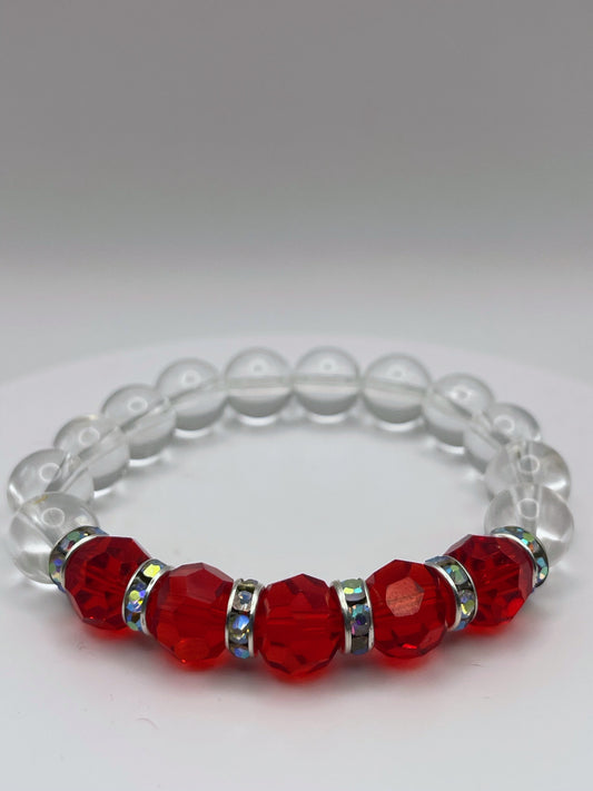 Clear quartz/Red glass beaded bracelet