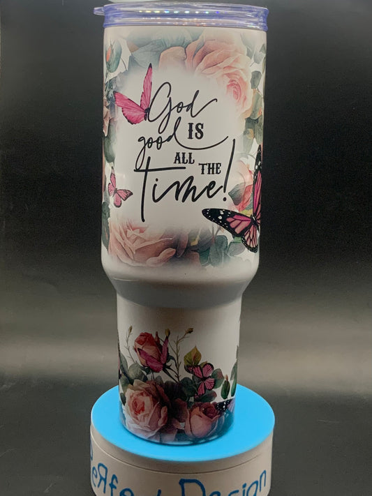 God Is Good All the Time – 40 oz Pink Floral Christian Tumbler with Straw & Butterflies | Faith-Based Gift
